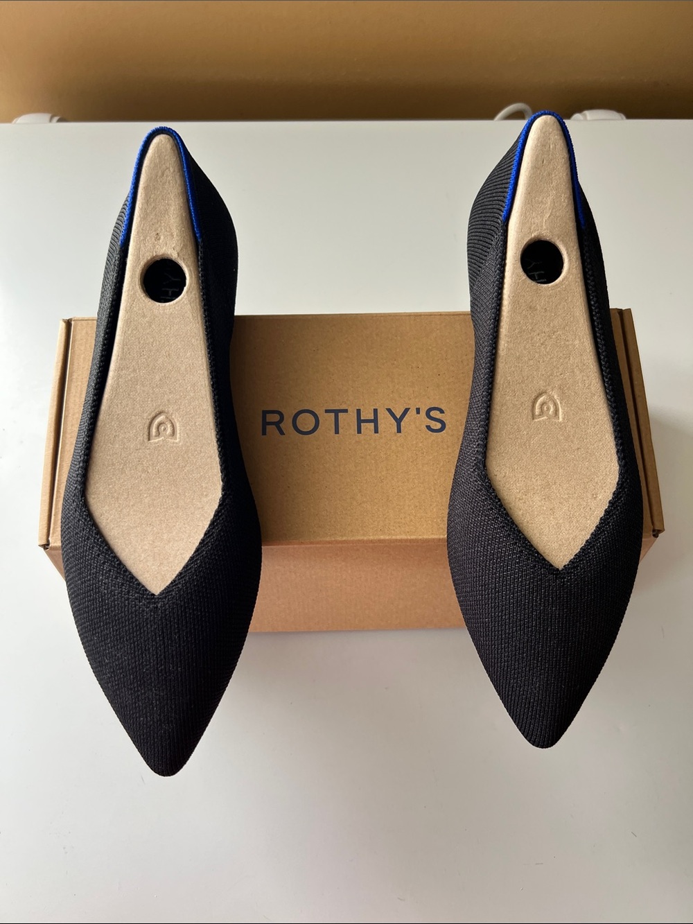 Rothy's Black Pointed Knit Flats with Blue Trim
